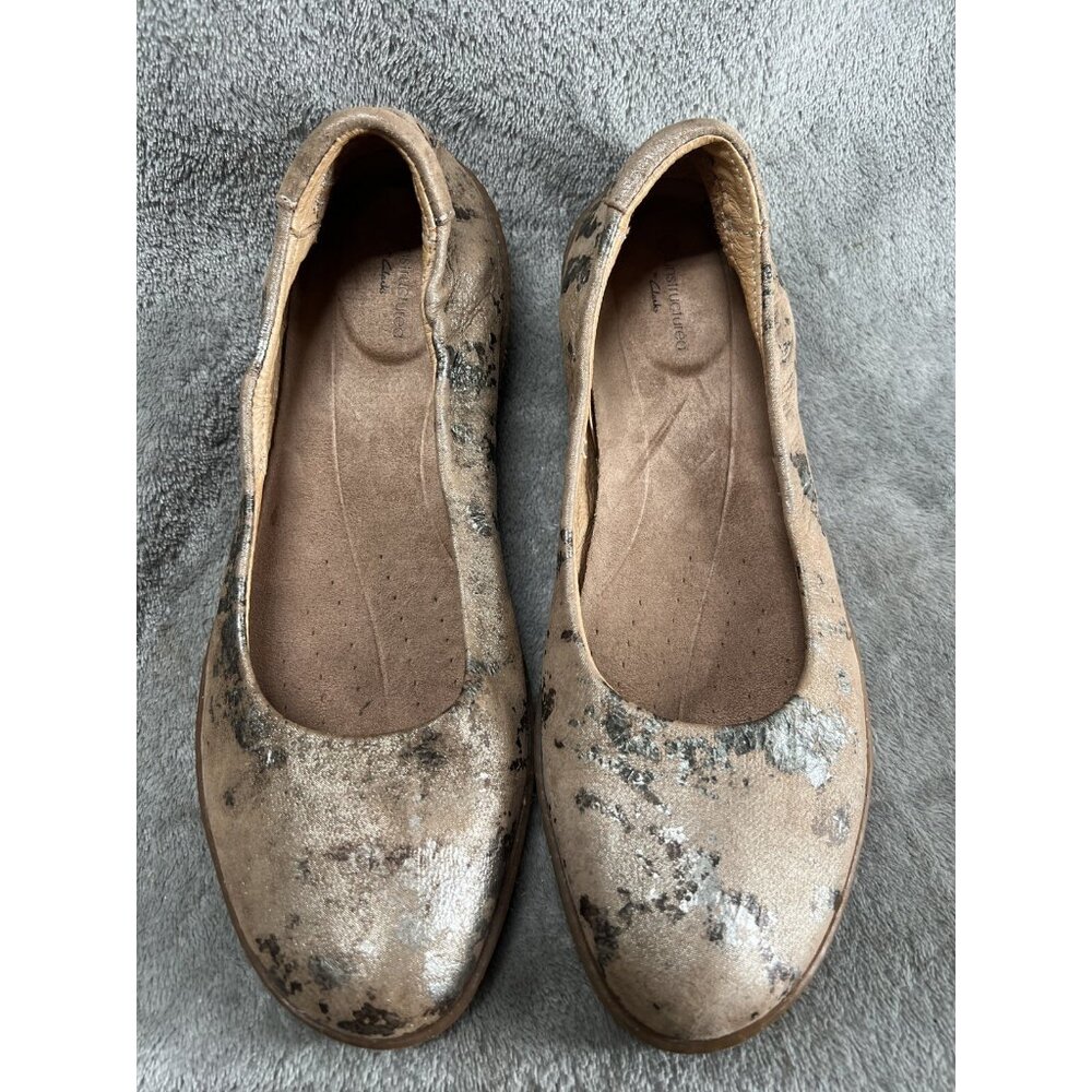 Clarks Women’s 7.5 M EU 38 Gold Marbled Ballet Flat Shoes Leather Slip On Loafer